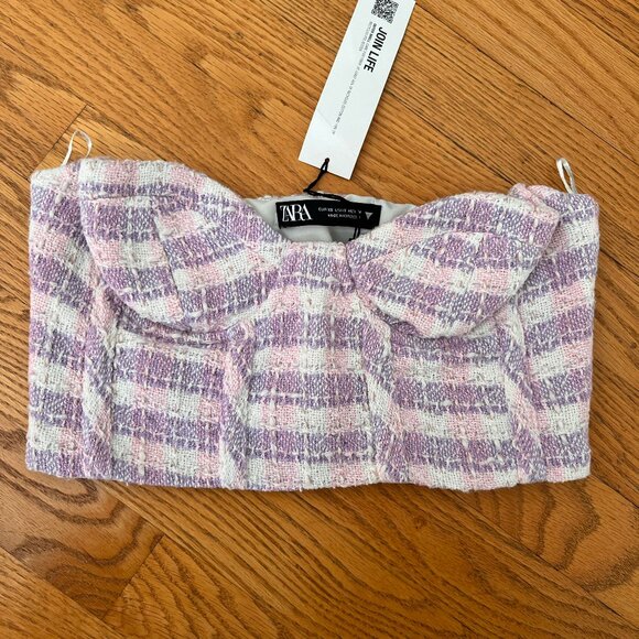 Zara Tweed Corset Crop Top Purple/Pink/White plaid pattern l Zip side and lined - Picture 3 of 10